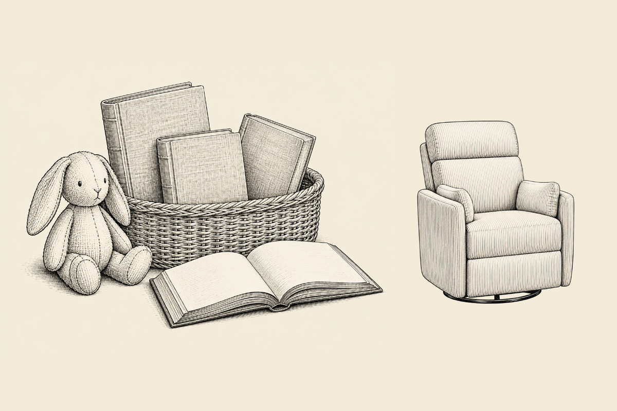 Vintage nursery illustration for Before the First Crawl: A Floor-Level Nursery Audit, with nursery accessories and The Cove.