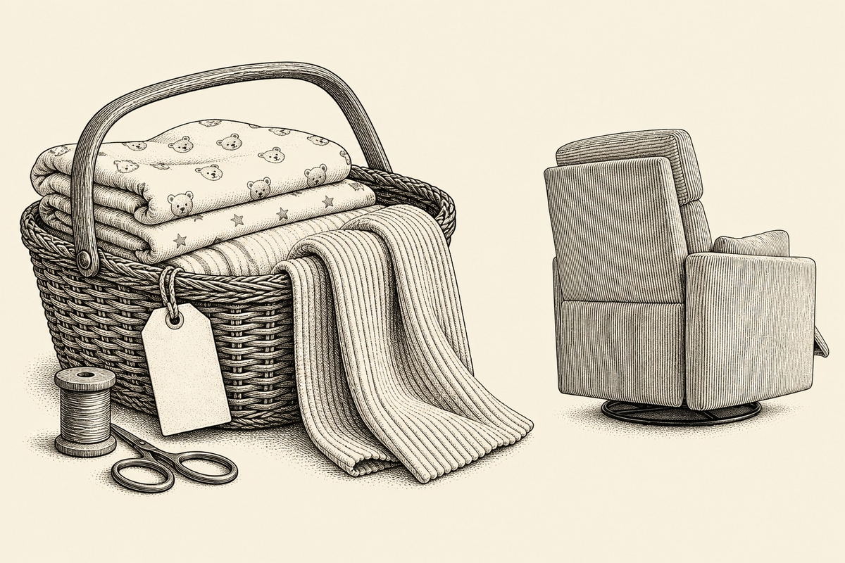 Vintage nursery illustration for What a Nursery Fabric Label Actually Tells You, with nursery accessories and The Cove.