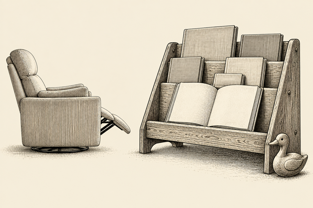 Vintage nursery illustration for A Reading Corner Before the First Word, with nursery accessories and The Cove.