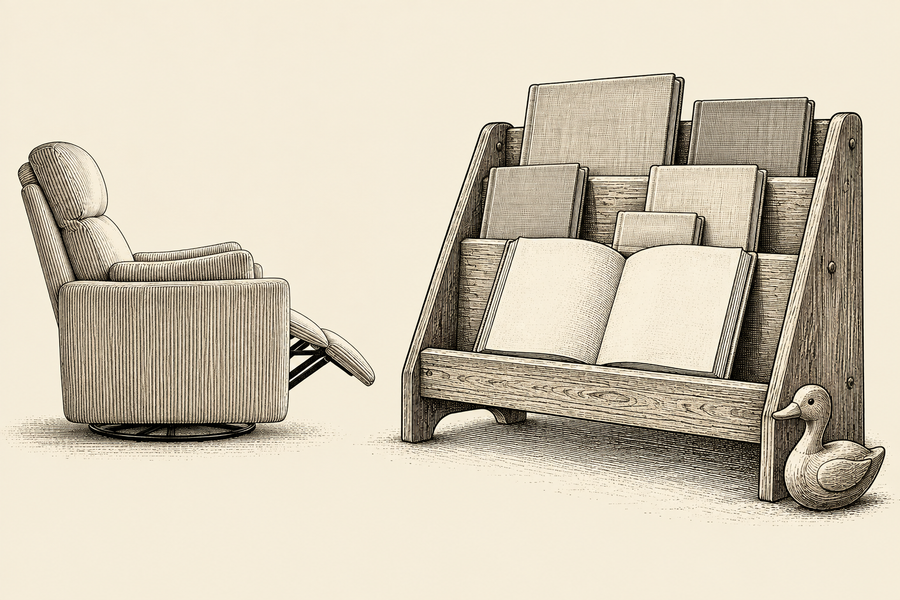 Vintage nursery illustration for A Reading Corner Before the First Word, with nursery accessories and The Cove.