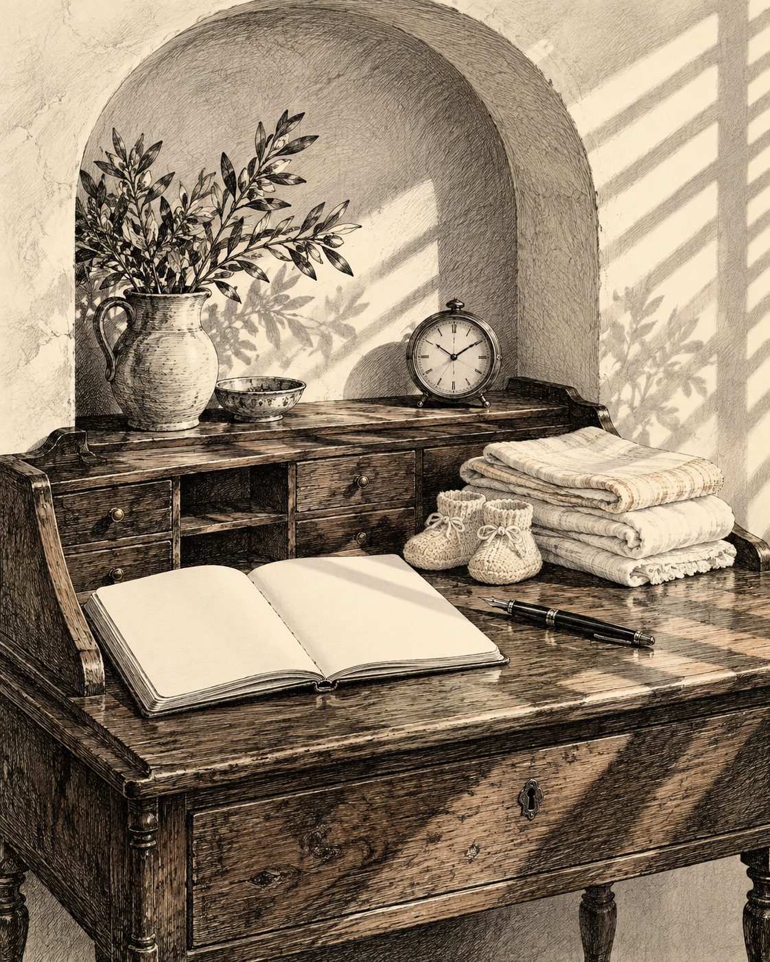 Black ink nursery still life: an open handover notebook, clock, folded cloths and knitted booties in soft window light.