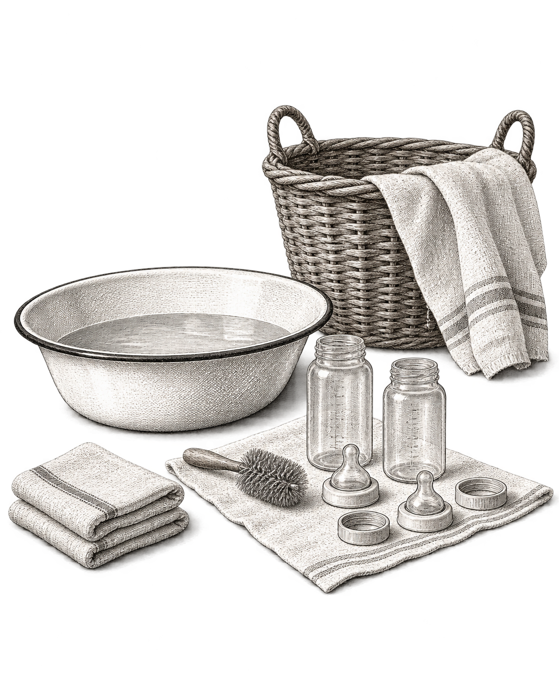 Black ink illustration of a dedicated washbasin, bottle brushes, disassembled feeding bottles, clean folded linens and a separate basket.