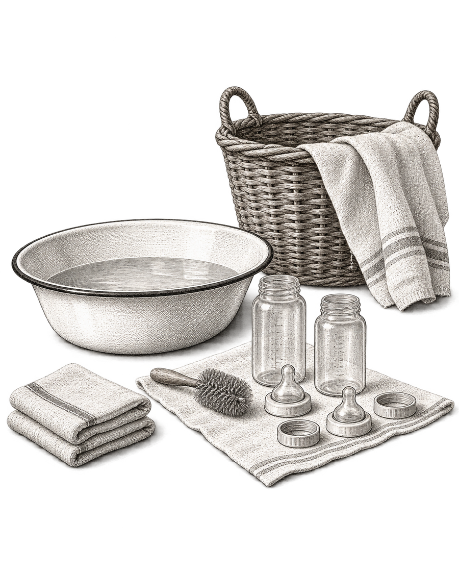 Black ink illustration of a dedicated washbasin, bottle brushes, disassembled feeding bottles, clean folded linens and a separate basket.
