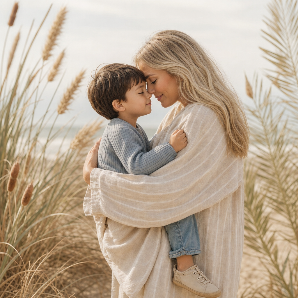 A mother embracing her child in soft afternoon light