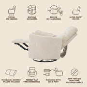 The Cove feature guide showing swivel, rocking, powered recline, a quiet motor, removable armrest pillows and a USB-A port