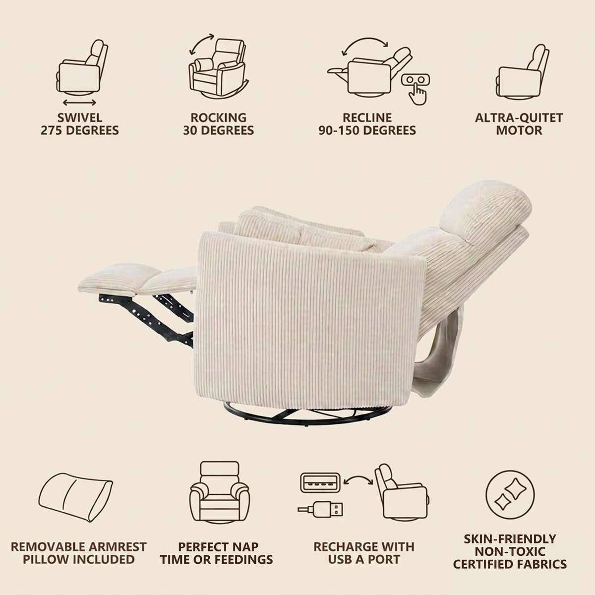 The Cove feature guide showing swivel, rocking, powered recline, a quiet motor, removable armrest pillows and a USB-A port