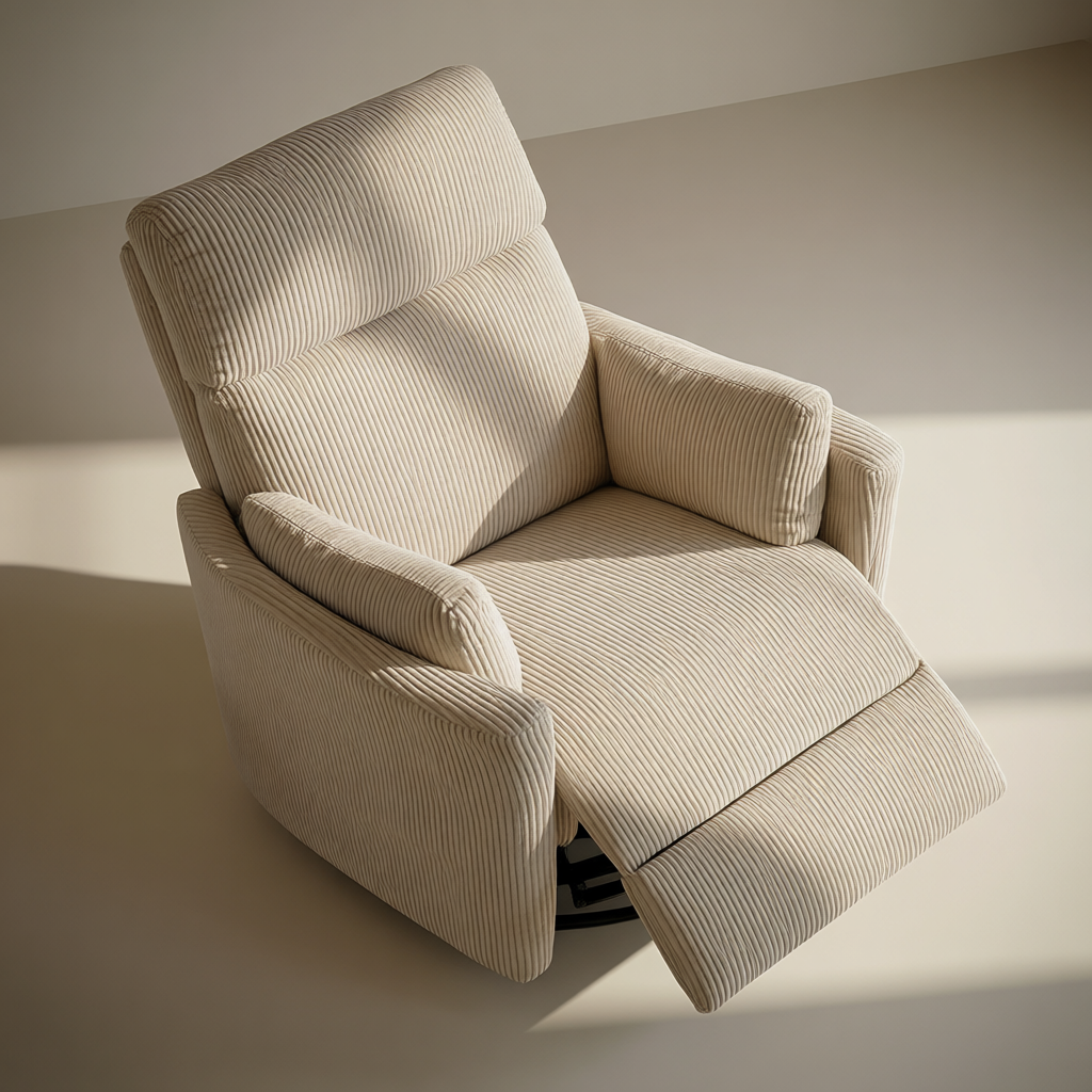 Overhead view of The Cove beige corduroy nursery recliner, showing the seat, armrest pillows and extended footrest