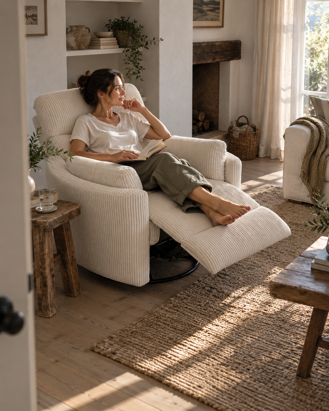 Styled lifestyle scene of a woman resting with a book in The Cove recliner by a window