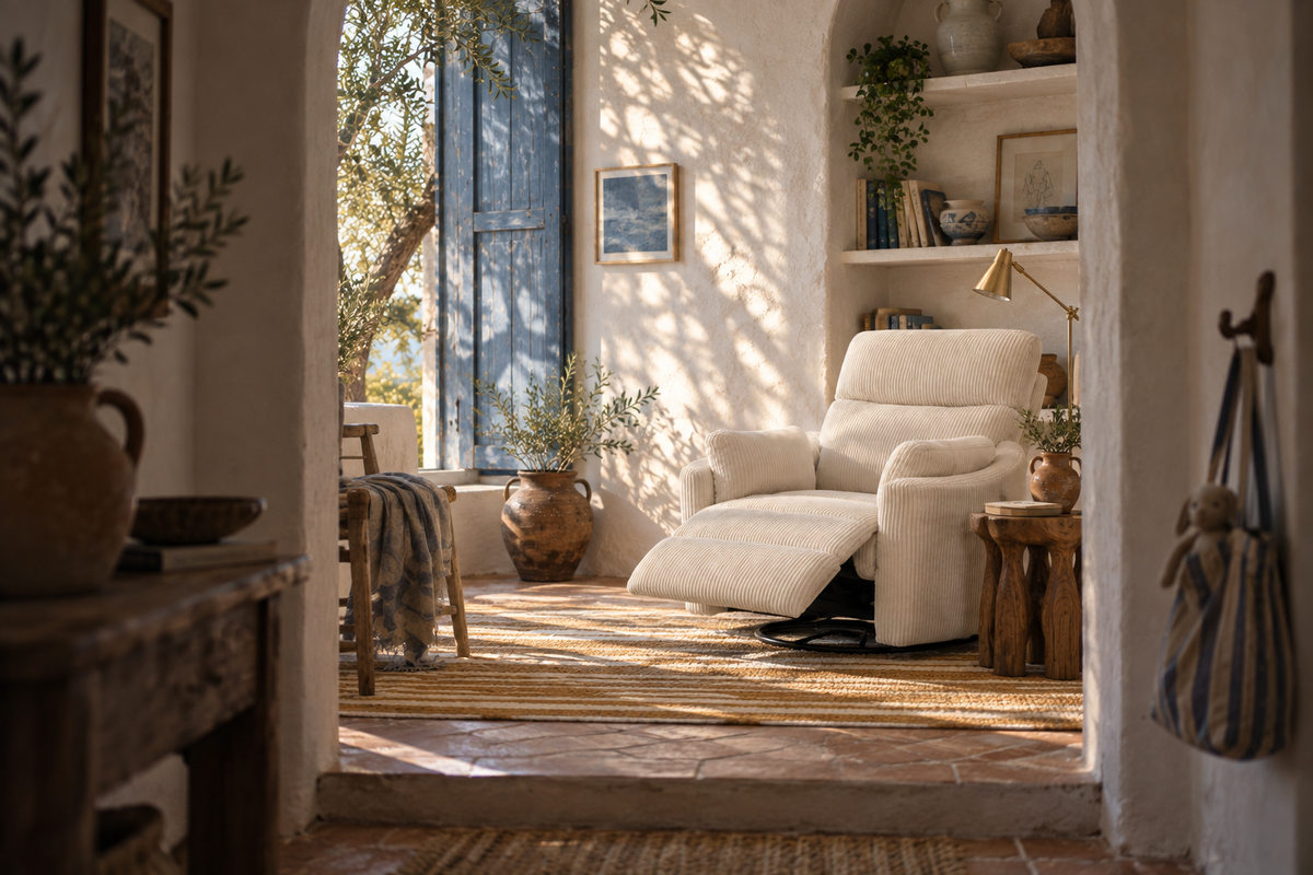 The Cove concept in a sunlit room with limewashed walls and blue shutters