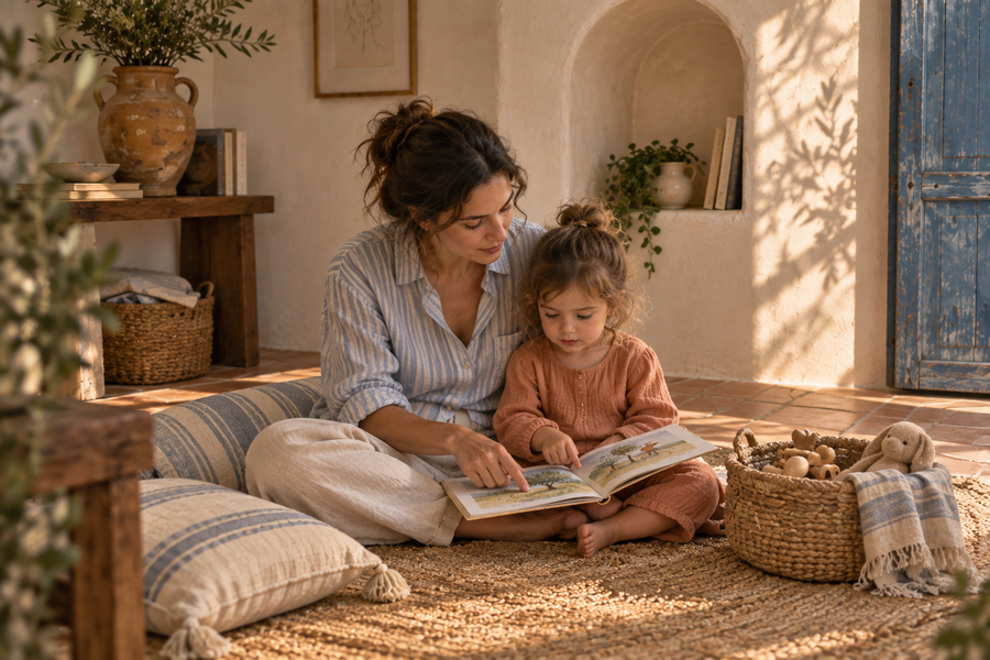 A fictional mother and child reading together in a warm home
