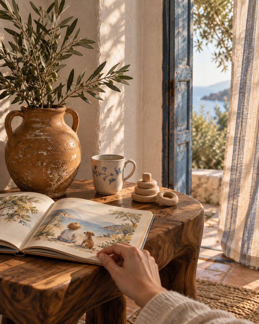 An open book and ceramic cup beside a sunlit blue window