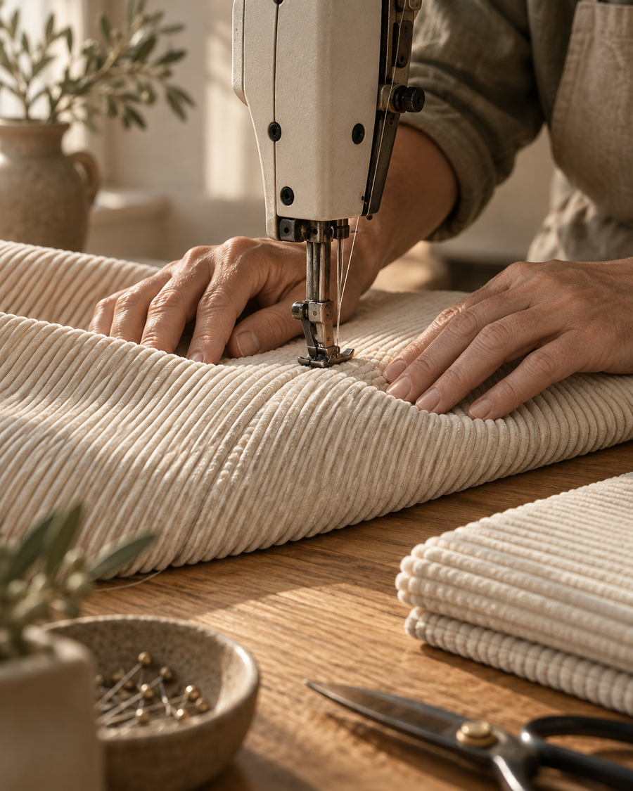 Illustrative craft study of precise stitching in cream corduroy