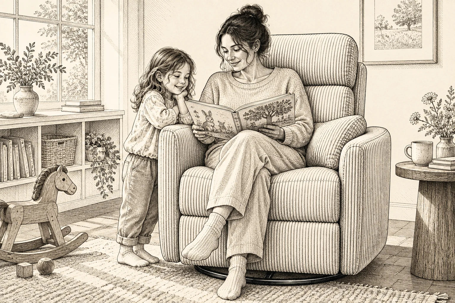 Concept illustration of a parent reading with a child beside The Cove nursery recliner